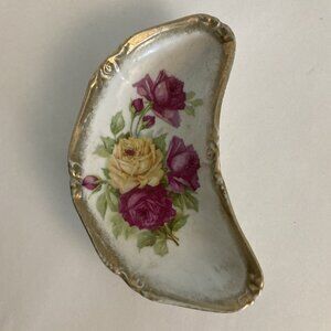 VINTAGE GILDED CRESCENT BONE DISH FLORAL UNIQUE